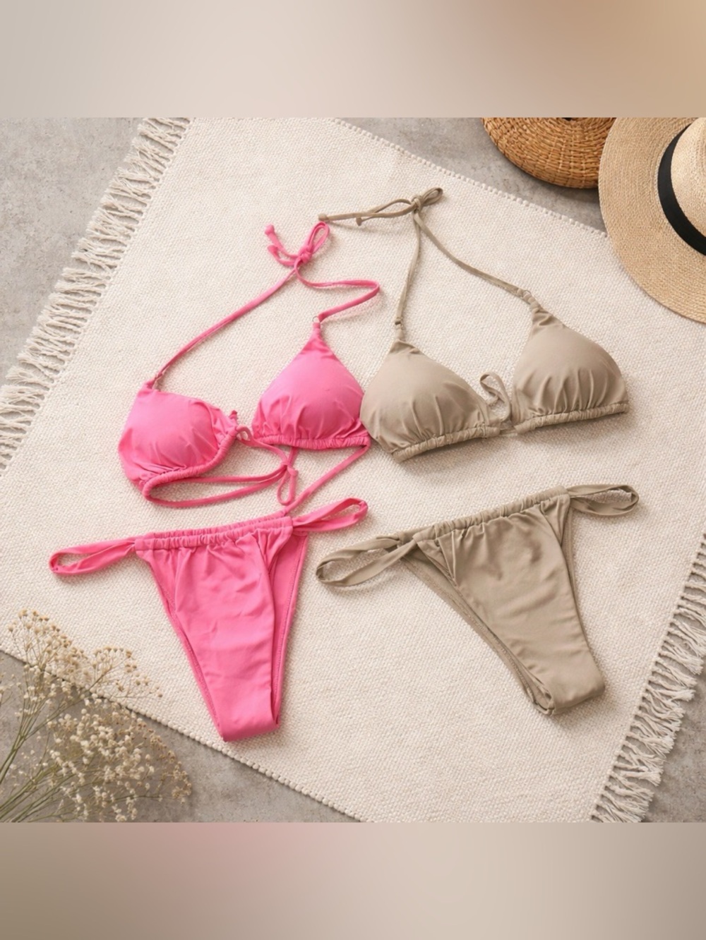Women’s Bikini Set Lot Pink & Beige Triangle Swimsuits Size L